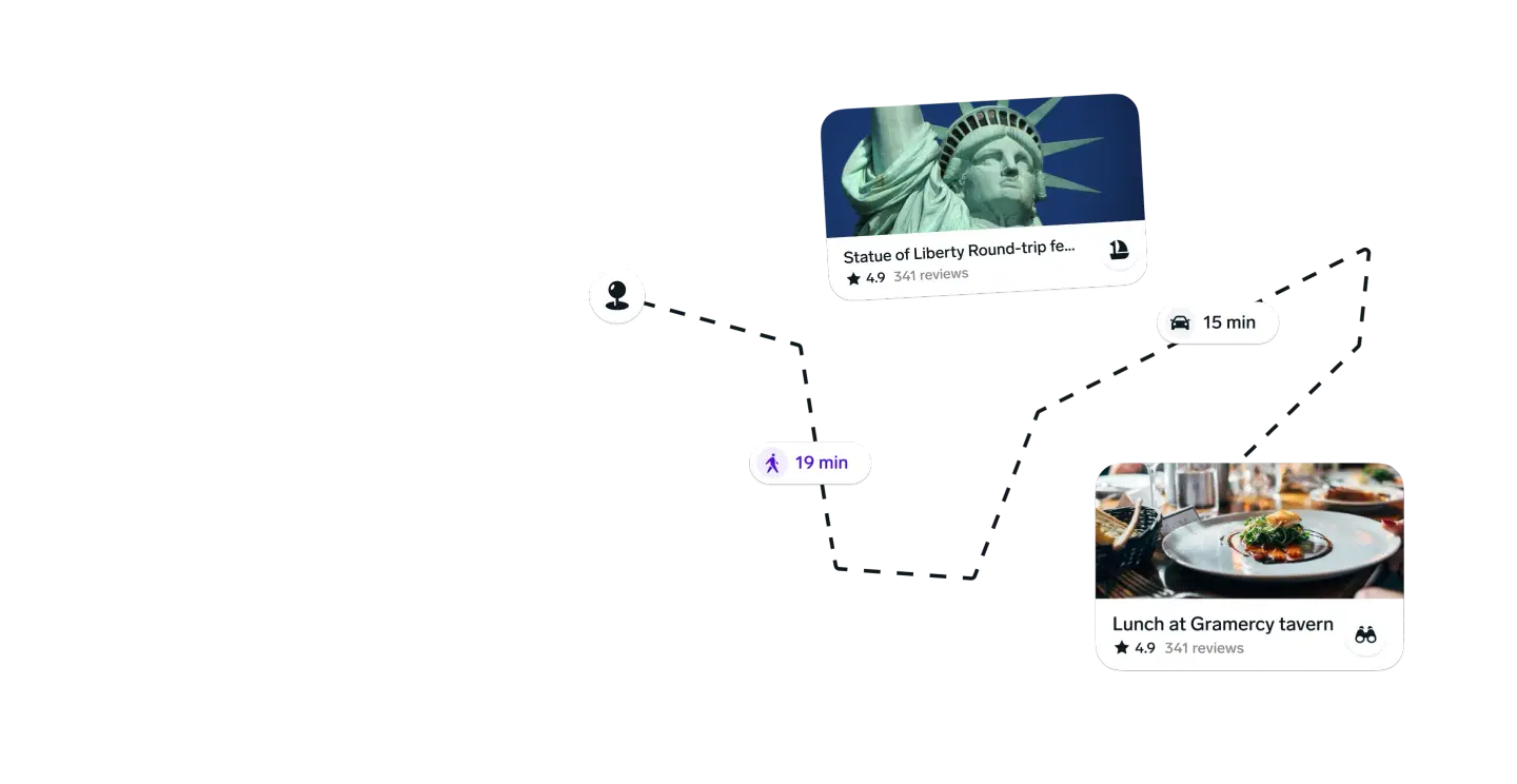 Illustration of an abstract city map with a dashed travel route connecting two itinerary cards—one showing the Statue of Liberty with a 19 min walking label and another showing a restaurant lunch spot with a 15 min driving label—over a soft, pale-gray geometric background.