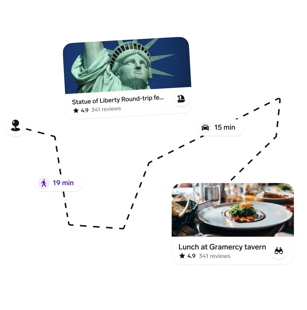 Illustration of an abstract city map with a dashed travel route connecting two itinerary cards—one showing the Statue of Liberty with a 19 min walking label and another showing a restaurant lunch spot with a 15 min driving label—over a soft, pale-gray geometric background.